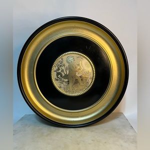 Mid century Vintage Black and Gold Double Sided Embossed Cherub‎ Tin
